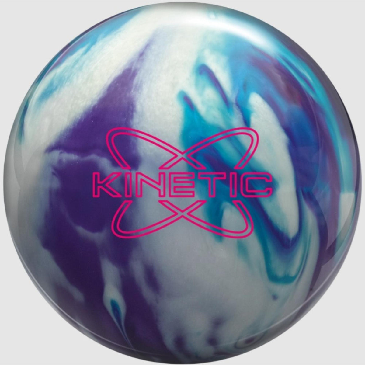 Bowling ball with a glossy finish featuring a swirling multi-tone pattern and bold logo, designed for smooth motion and controlled performance on the lane.