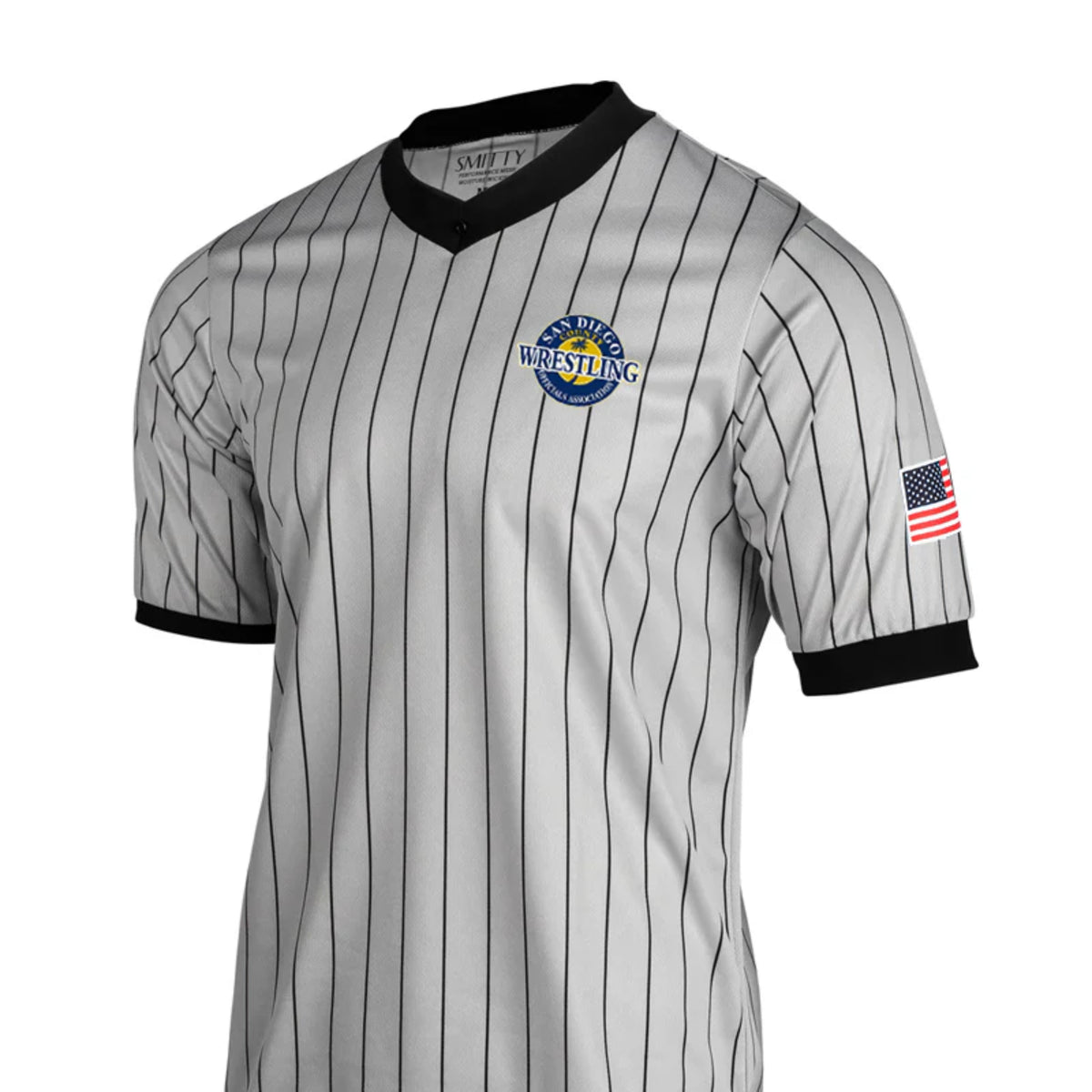 Smitty | SDWOA-205 | Mesh Fabric Referee Short Sleeve Wrestling/Basketball Grey Pin Stripe V-Neck Shirt With USA Flag - grey - Great Call Athletics