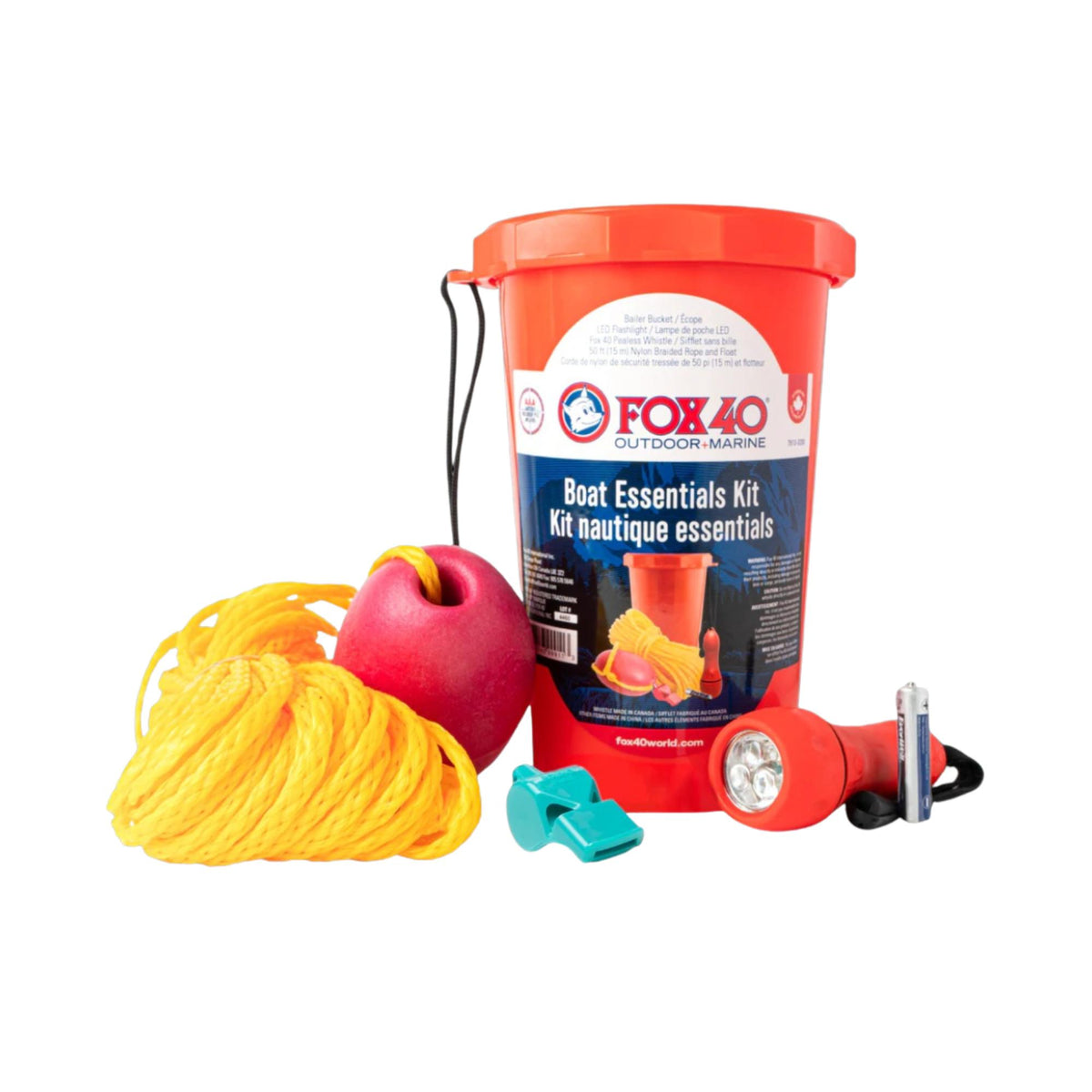 Boat safety kit including a bucket, rope with float, whistle, flashlight, and other essential marine safety accessories.