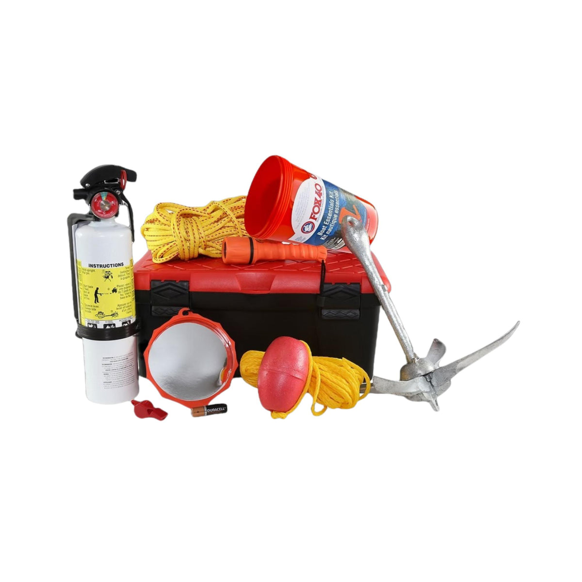 Deluxe boating safety kit including anchor, rope, flotation device, flashlight, safety mirror, whistle, fire extinguisher, and storage container for marine emergency preparedness.