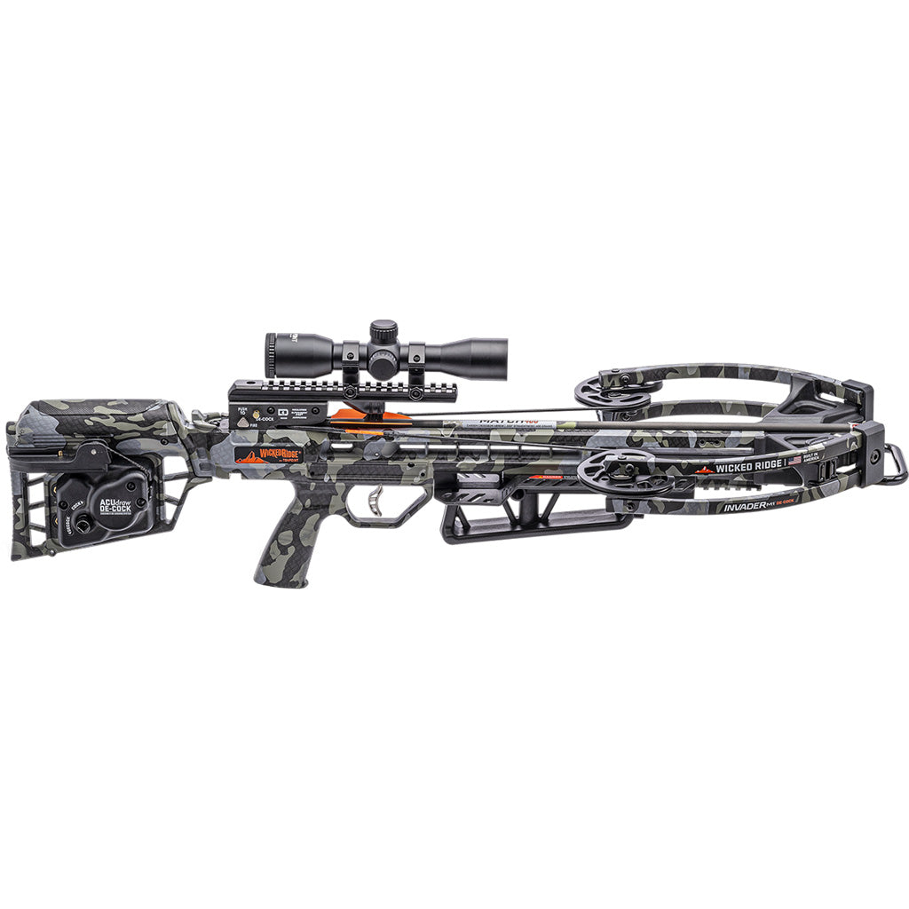 Wicked Ridge Invader M1 De-Cock Crossbow Package in ACUdraw Pro View 400 Scope Peak Camo - Front View
