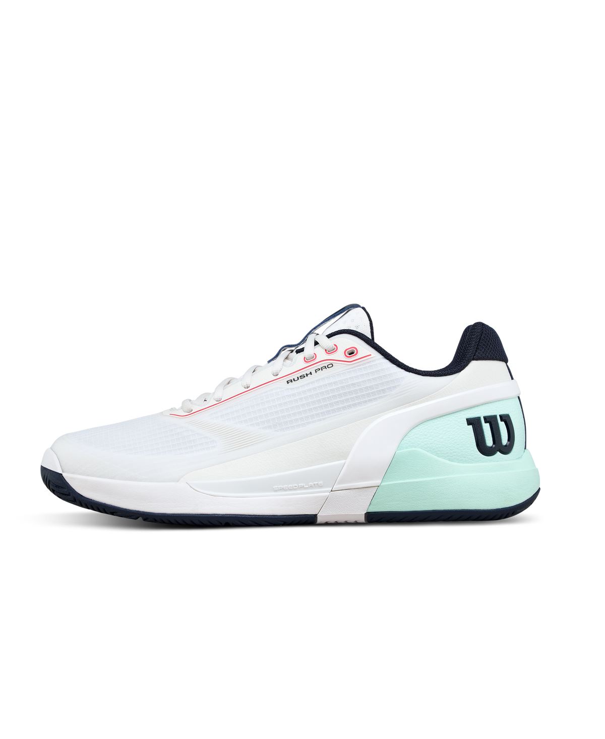 Wilson Rush Pro 5 Mens Tennis Shoes, White/Bay/Fiery Coral - main view