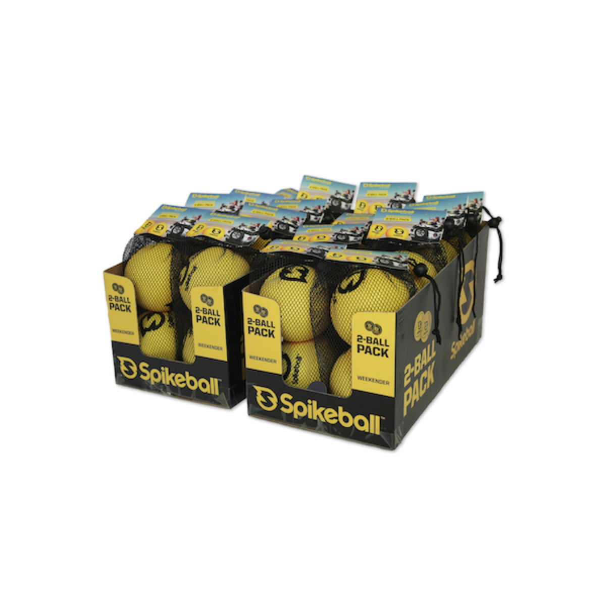 Multiple boxes of Spikeball balls on a white background