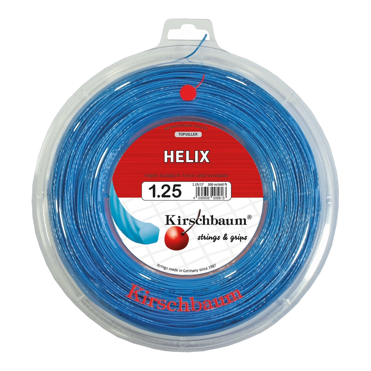 Kirschbaum Helix Blue Tennis String Reel, 660 ft in 1.25mm / 17G - Front View