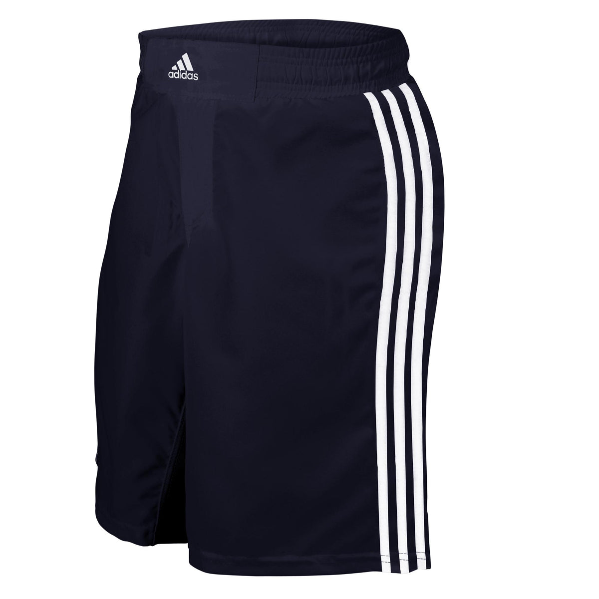 Black Adidas athletic shorts with white three-stripe side detail, shown from a front-right angle on a white background.