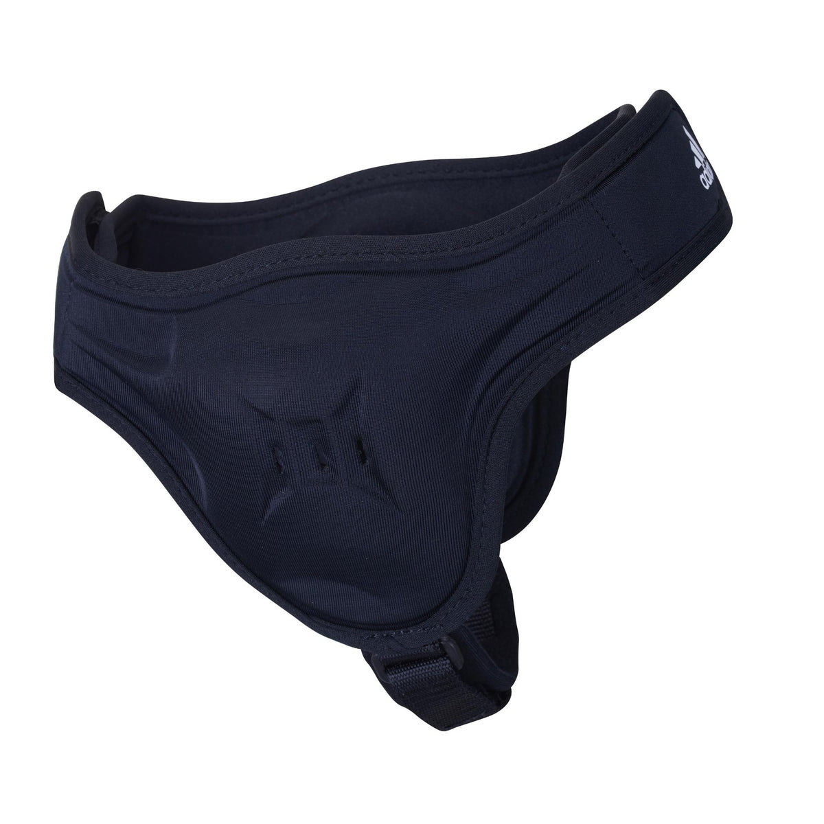 Adidas wrestling headgear with adjustable chin strap and padded ear protection, front view