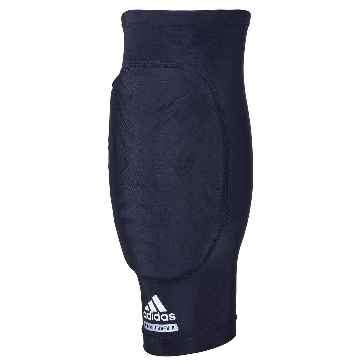 Black Adidas Techfit padded knee sleeve shown from a front-right angle on a white background.