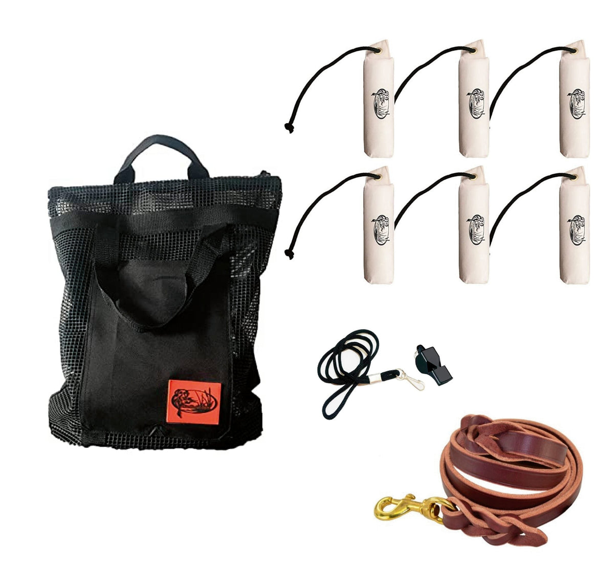 HuntEmUp Hunting Dog Essentials Training Kit -Large Canvas White Bumpers 6pc + Mesh Bumper Bag + Whistle & Lanyard + Braided Leash
