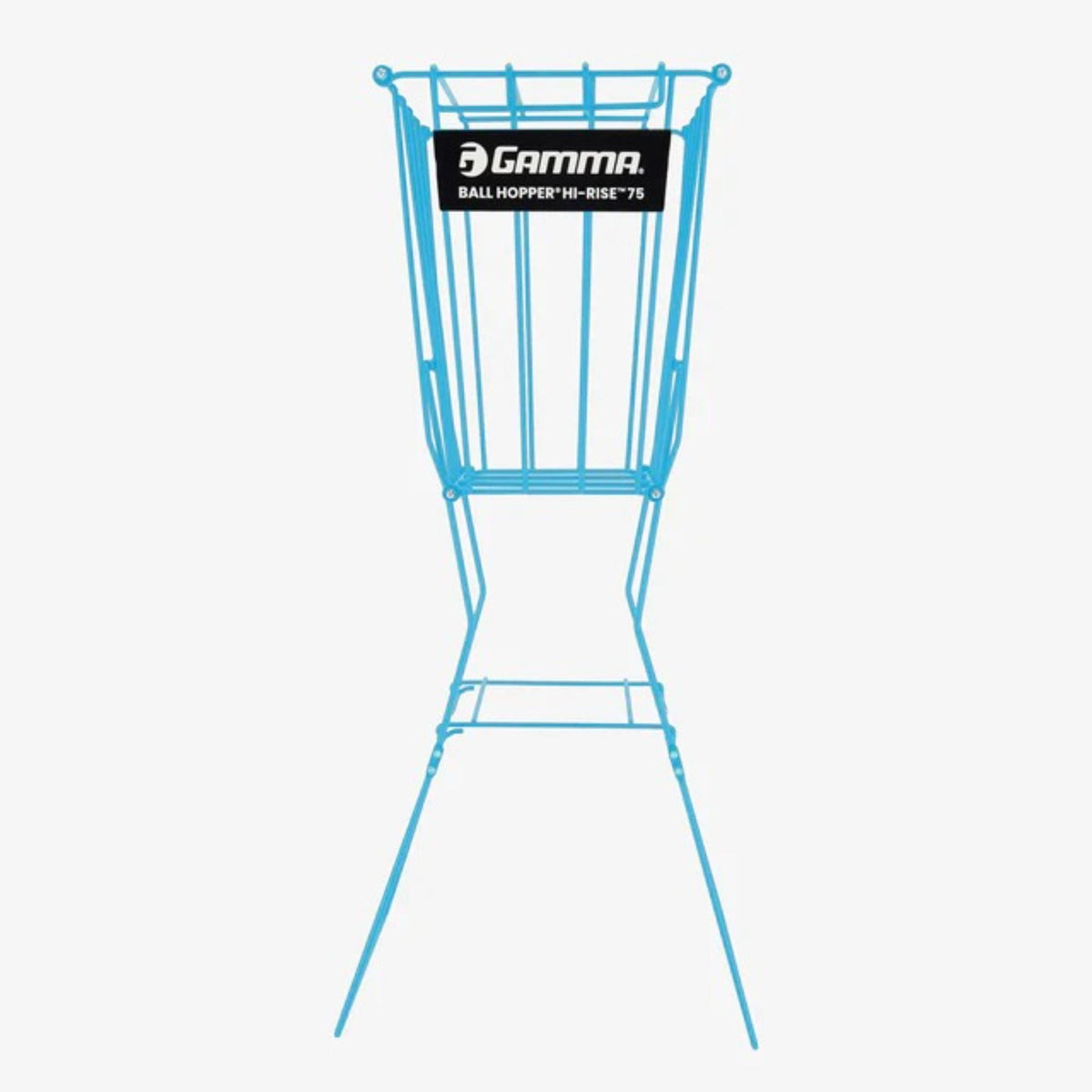 Ball hopper basket with a wire frame design and elevated stand, allowing easy access and storage of balls during practice or training.