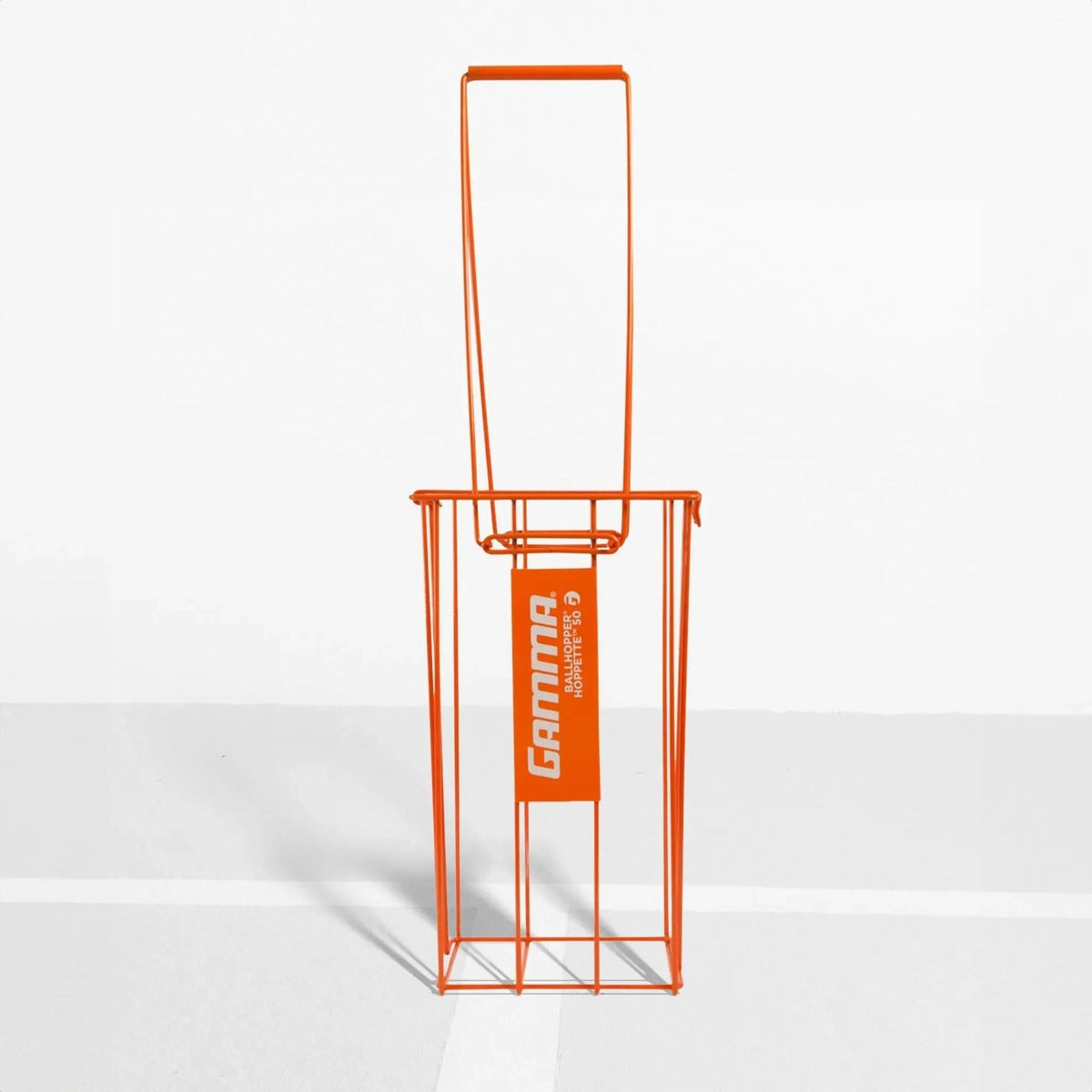 Ball hopper basket with a compact wire frame design and carry handle, ideal for storing and transporting balls during practice or training.