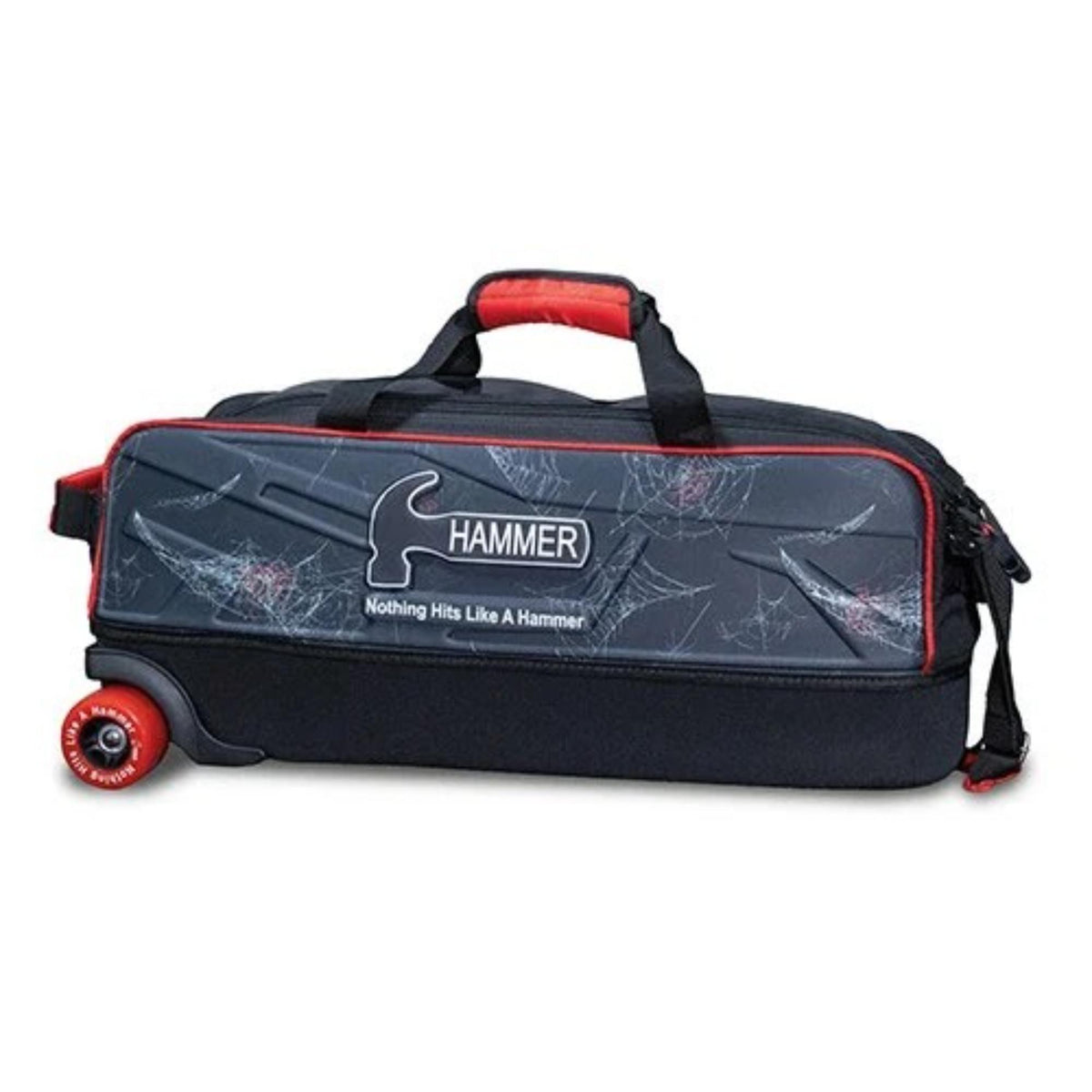 Triple bowling ball tote bag with wheels, zippered compartments, carry handles, and adjustable shoulder strap for convenient transport of bowling equipment.
