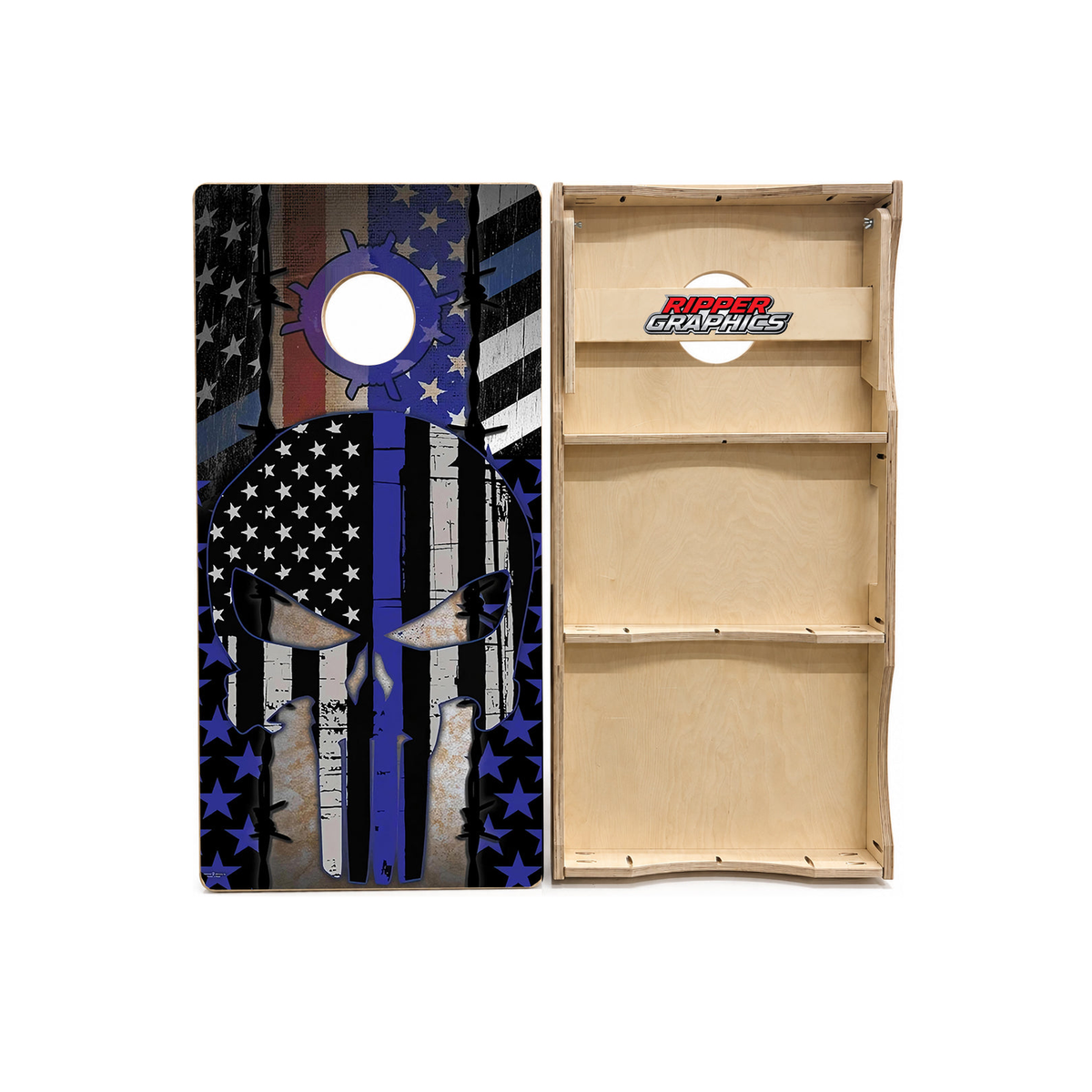 Blue Lives Matter Punisher Skull Cornhole Design product photo
