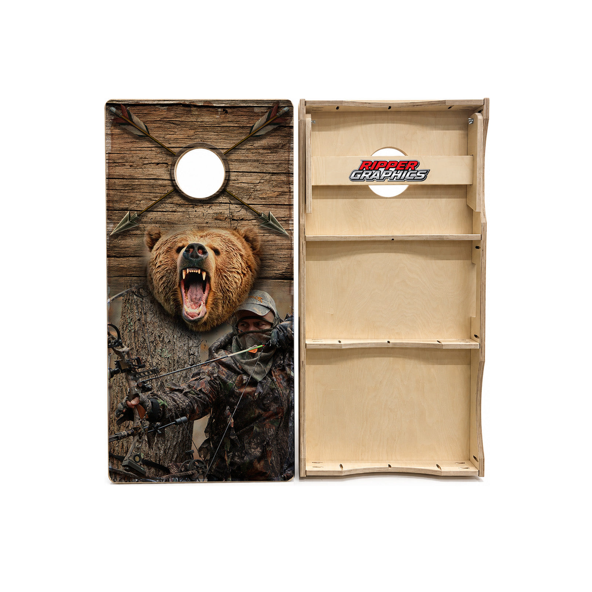 Bow Hunter With Bear Cornhole Design product photo