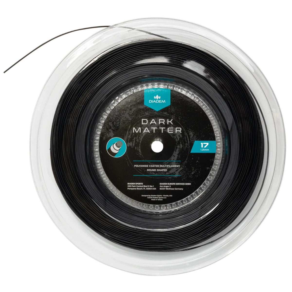 Tennis string reel with coiled string in a clear plastic spool, designed for restringing rackets and consistent performance.