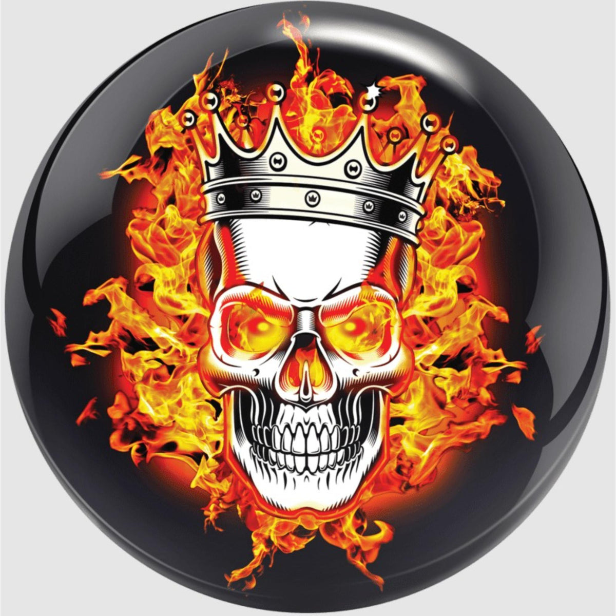 Bowling ball featuring a graphic design of a skull wearing a crown surrounded by flames, creating a bold and striking visual appearance.