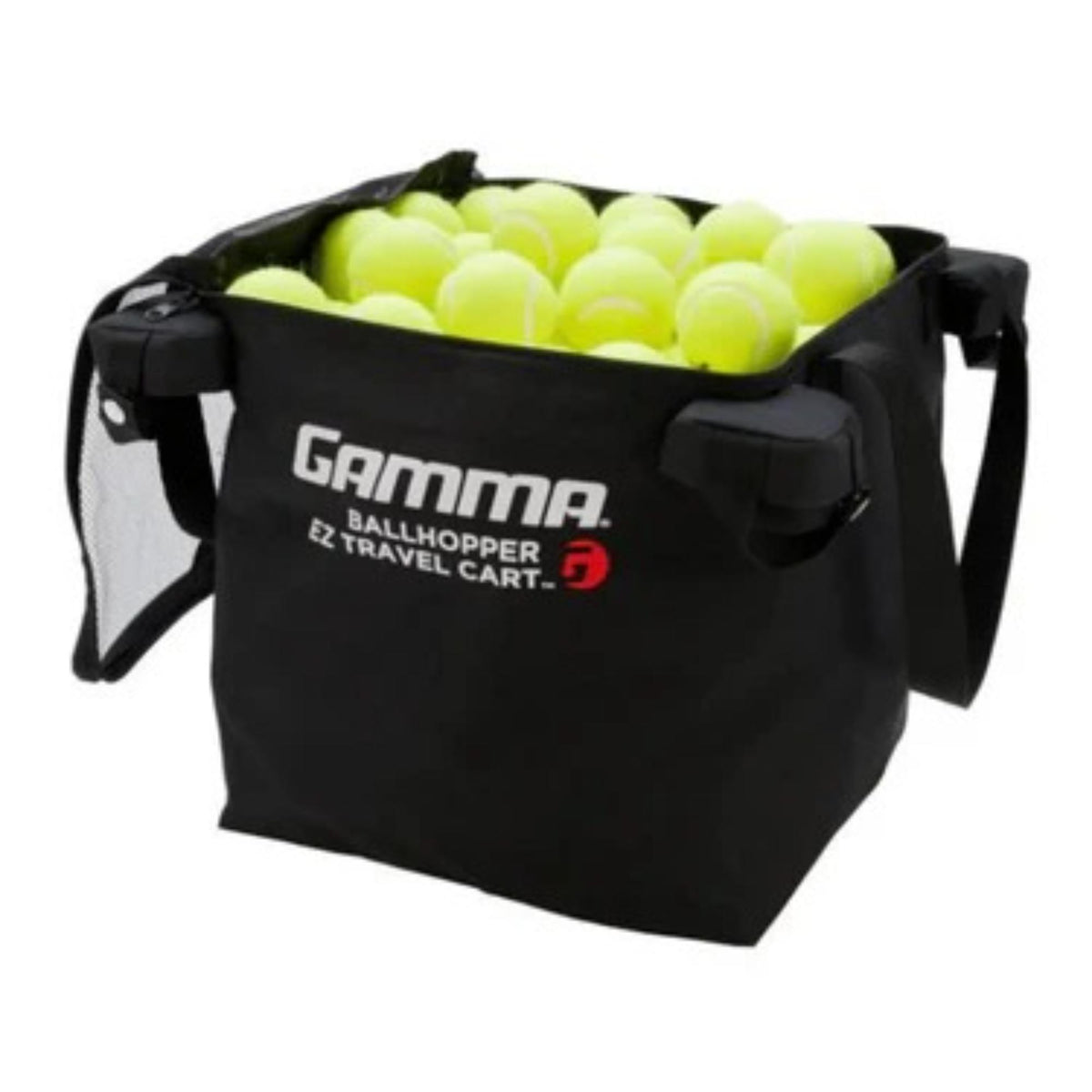 Soft-sided travel cart bag with large main compartment, carry handles, and side pockets, designed for transporting and storing balls and equipment.