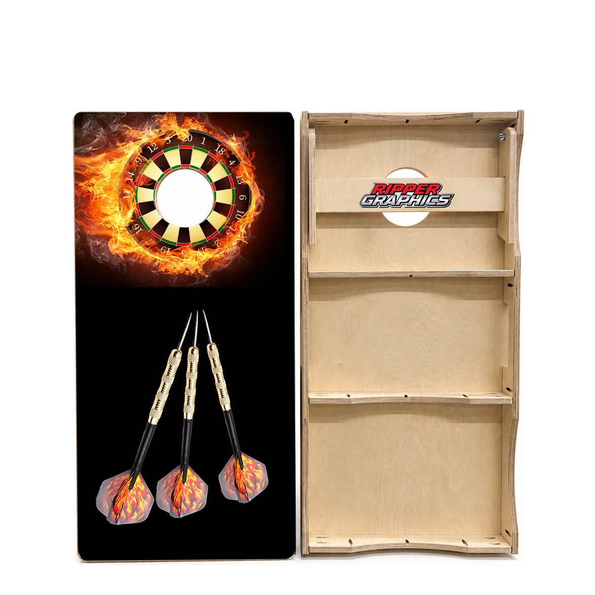 Flaming Dart Board With Darts Cornhole Design product photo