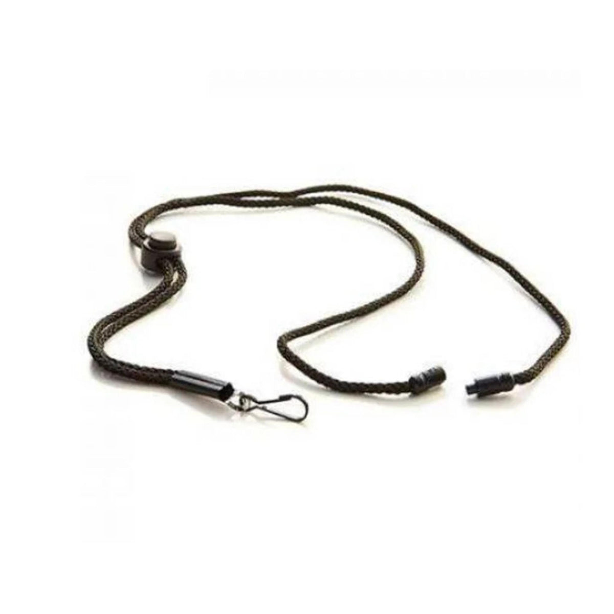 Breakaway lanyard with adjustable cord, safety release, and clip attachment for carrying whistles or small items.