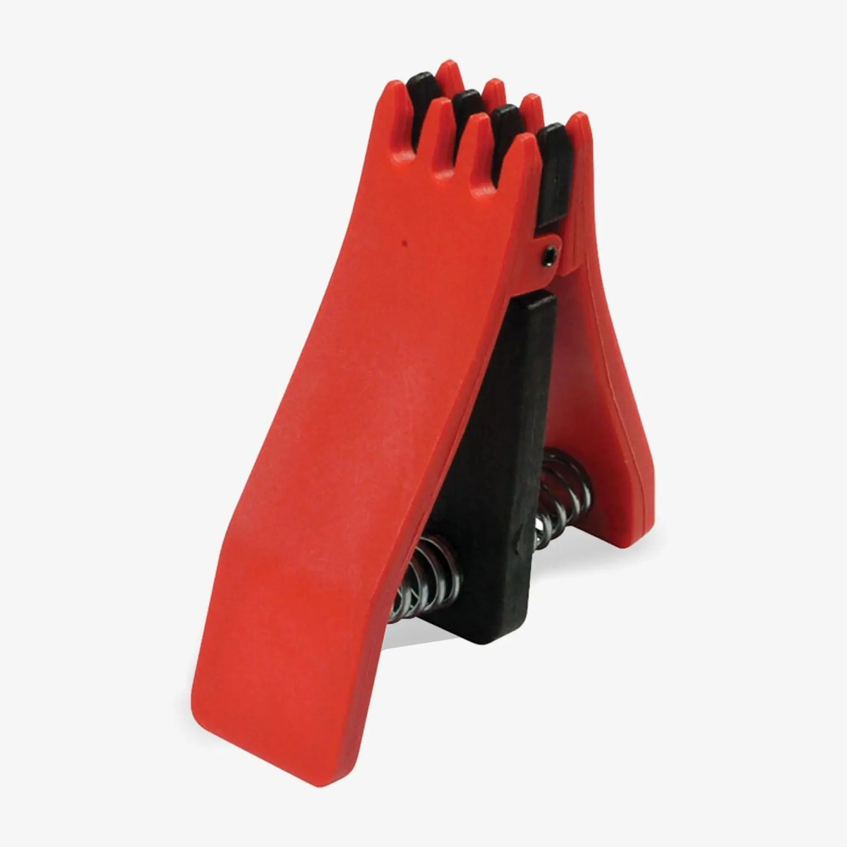 Badminton floating clamp tool with spring-loaded mechanism and gripping jaws designed to hold strings securely during restringing.