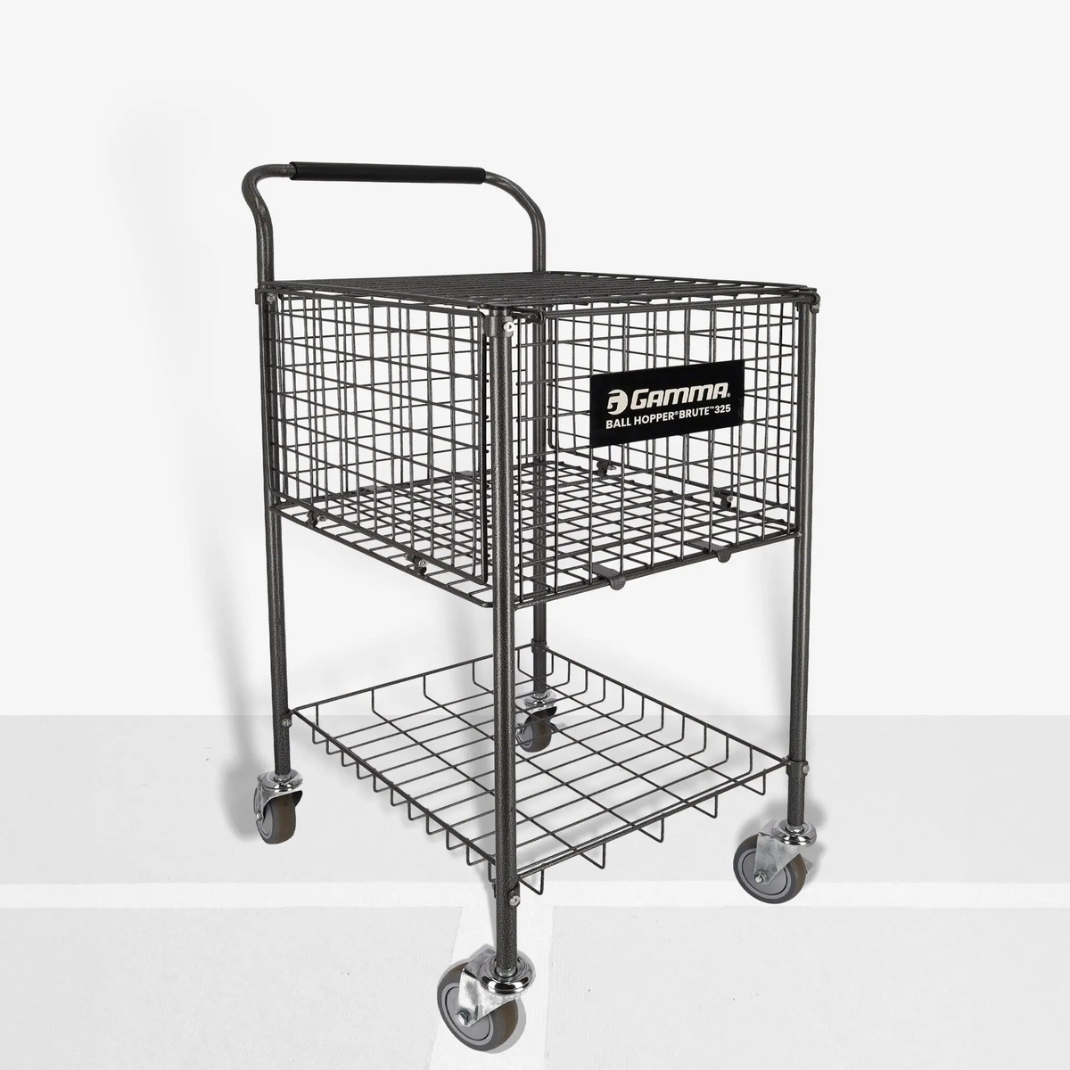 Ball hopper cart with a large wire basket, lower storage shelf, handle for transport, and four caster wheels for easy mobility.