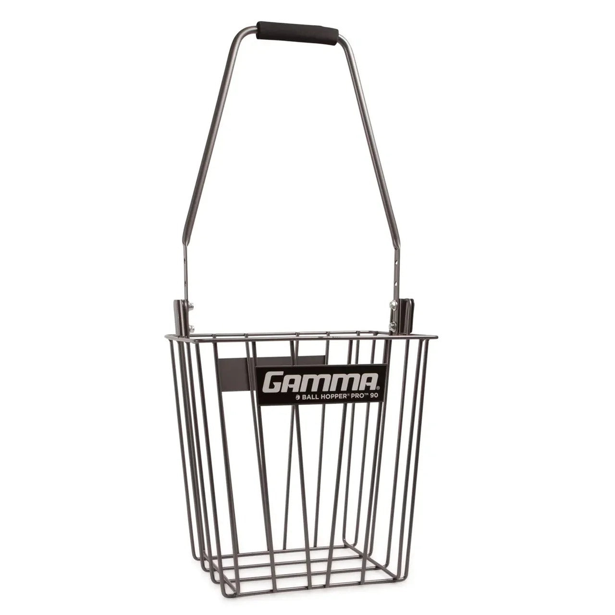 Ball hopper basket with a durable wire frame and carry handle, designed for storing and transporting balls during practice or training.