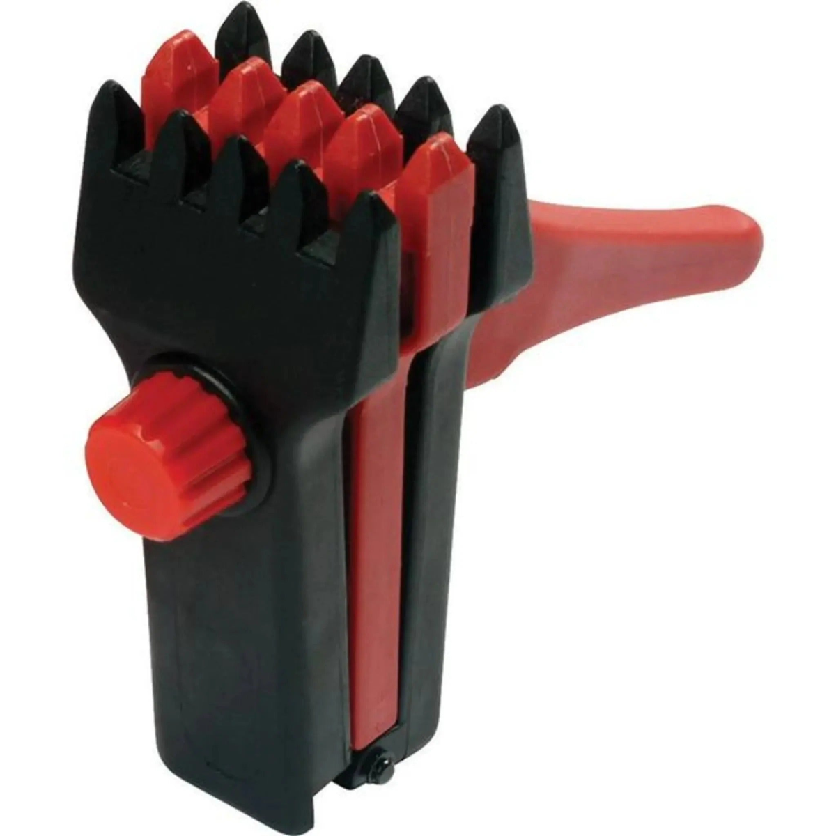 Composite tennis floating clamp with adjustable gripping jaws and handle, designed to securely hold strings during restringing.