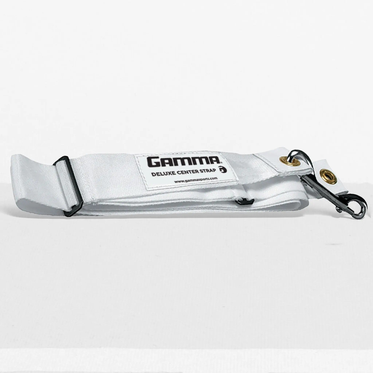 Adjustable center strap with secure fastening clip and reinforced ends, designed for stabilizing and supporting equipment during use or storage.