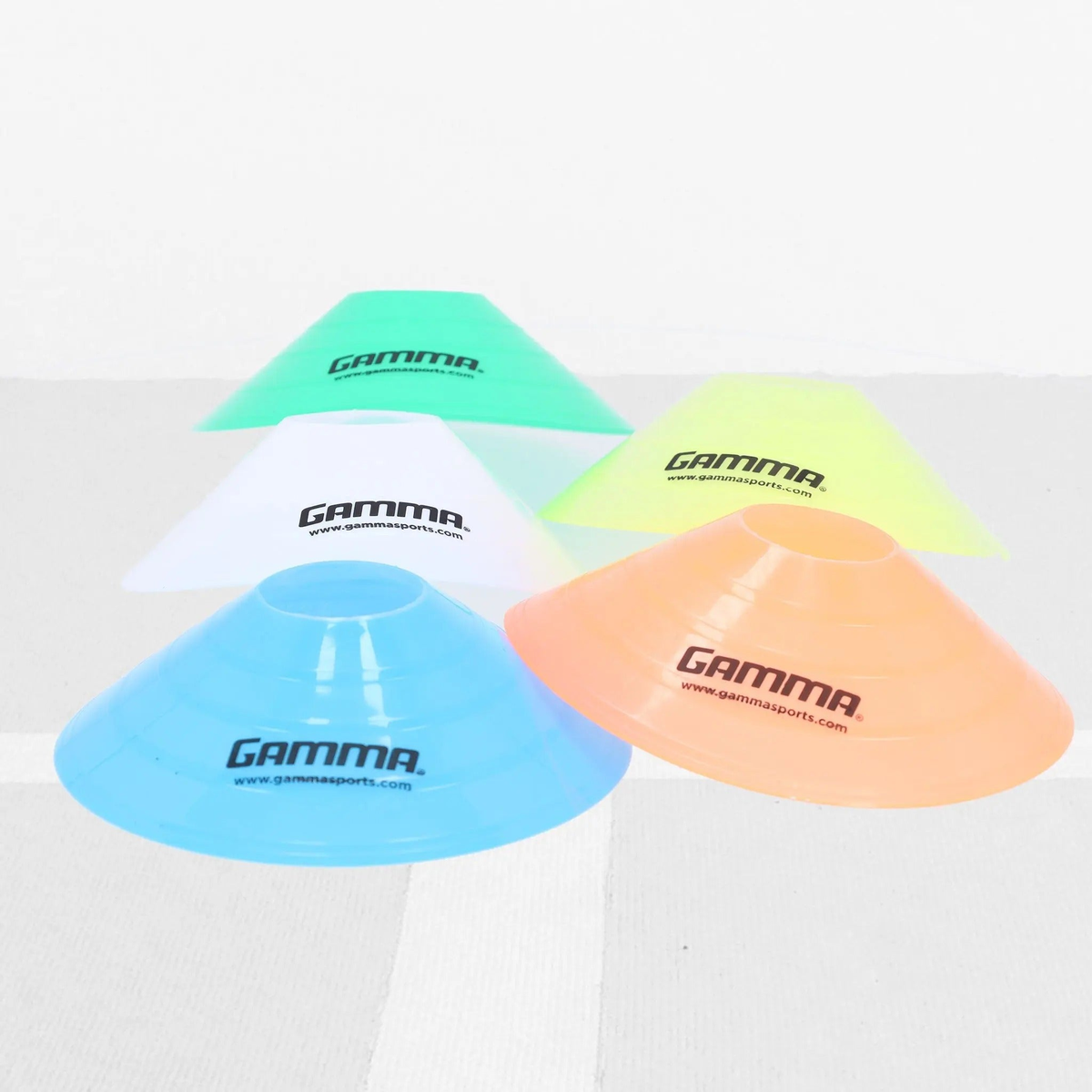 Set of low-profile disc cones used for training drills and marking boundaries on courts or fields.