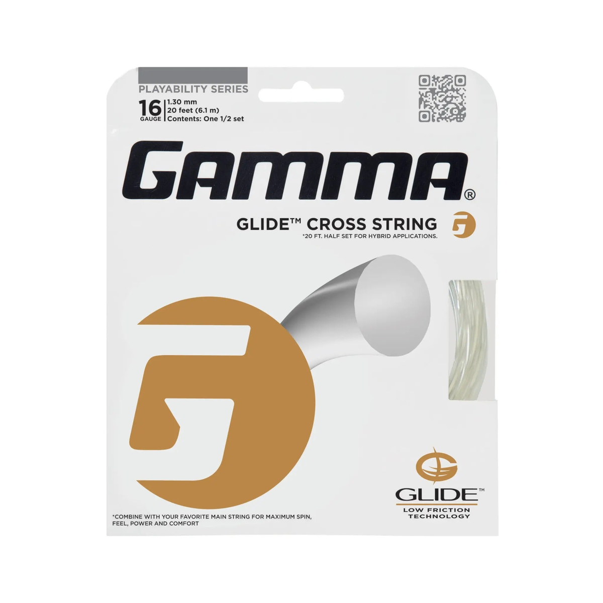 Packaged tennis string set labeled Glide Cross String with coiled string visible, designed for hybrid stringing with low friction technology.