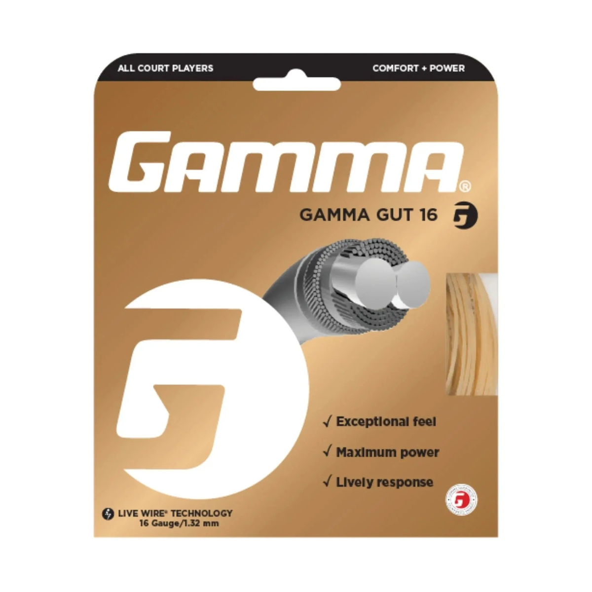 Packaged tennis string set labeled Gamma Gut with coiled string visible, designed for enhanced feel, power, and responsive performance.