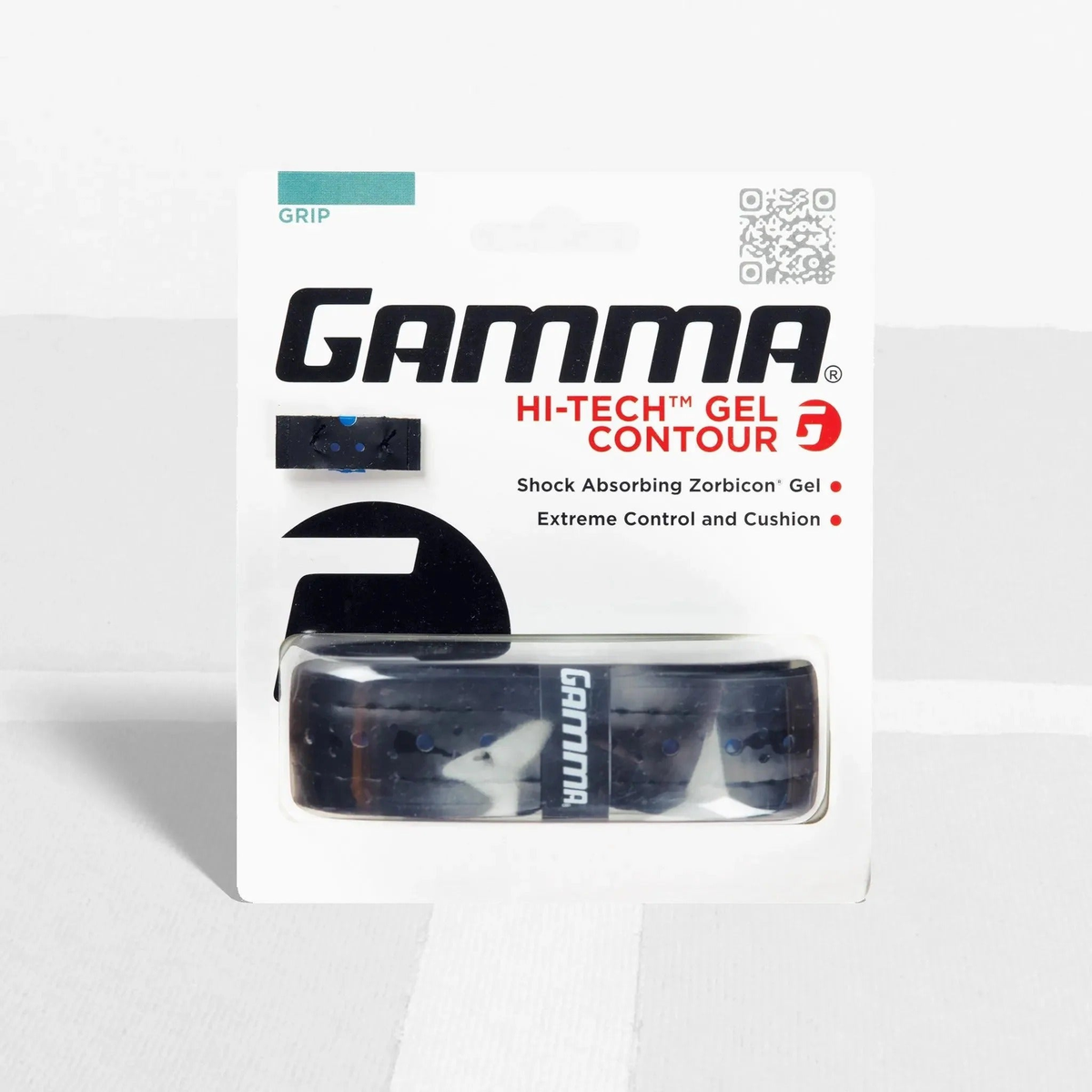 Packaged gel contour grip designed for racquets, featuring a cushioned, shock-absorbing surface for enhanced comfort and control.
