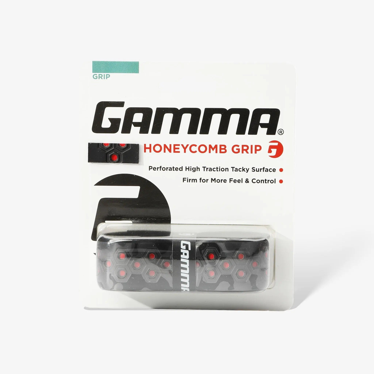 Packaged racquet grip with a perforated honeycomb texture, designed to provide high traction, enhanced feel, and improved control during play.