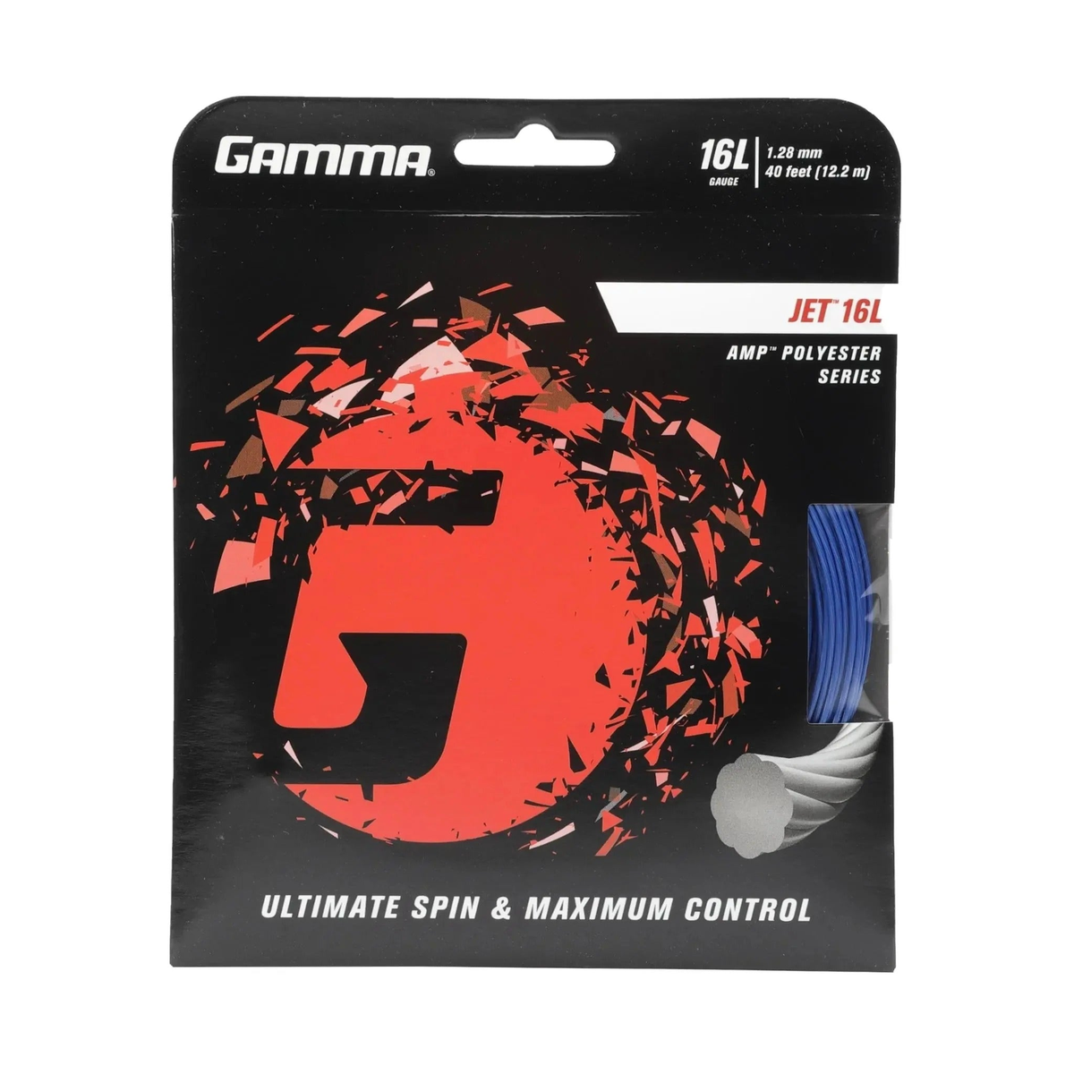 Packaged set of polyester tennis string designed for spin and control, displayed in retail packaging with a visible sample of the string.
