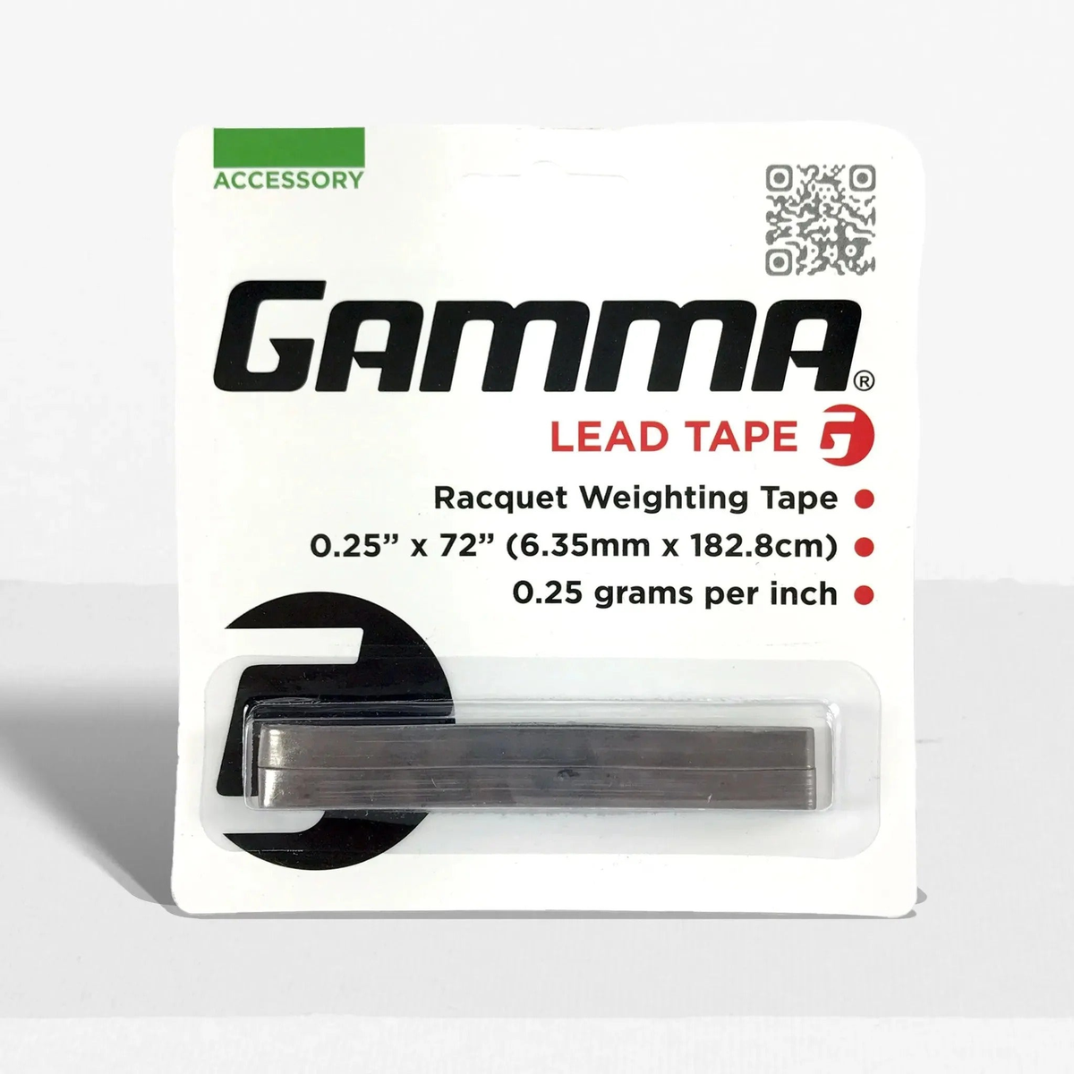 Packaged racquet lead tape strip designed for adding weight and customizing balance, presented in retail packaging.