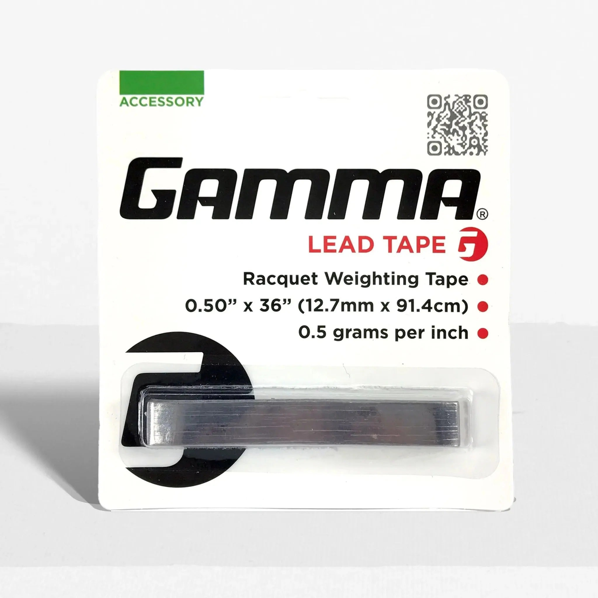 Packaged racquet lead tape strip designed for adding weight and adjusting balance, presented in retail packaging.