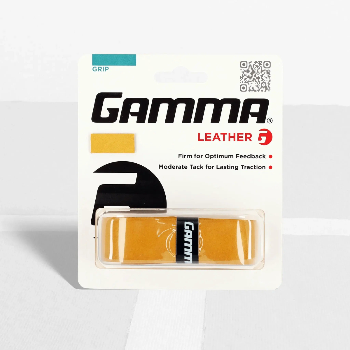 Packaged leather racquet grip designed to provide firm feel and lasting traction, displayed in retail packaging.