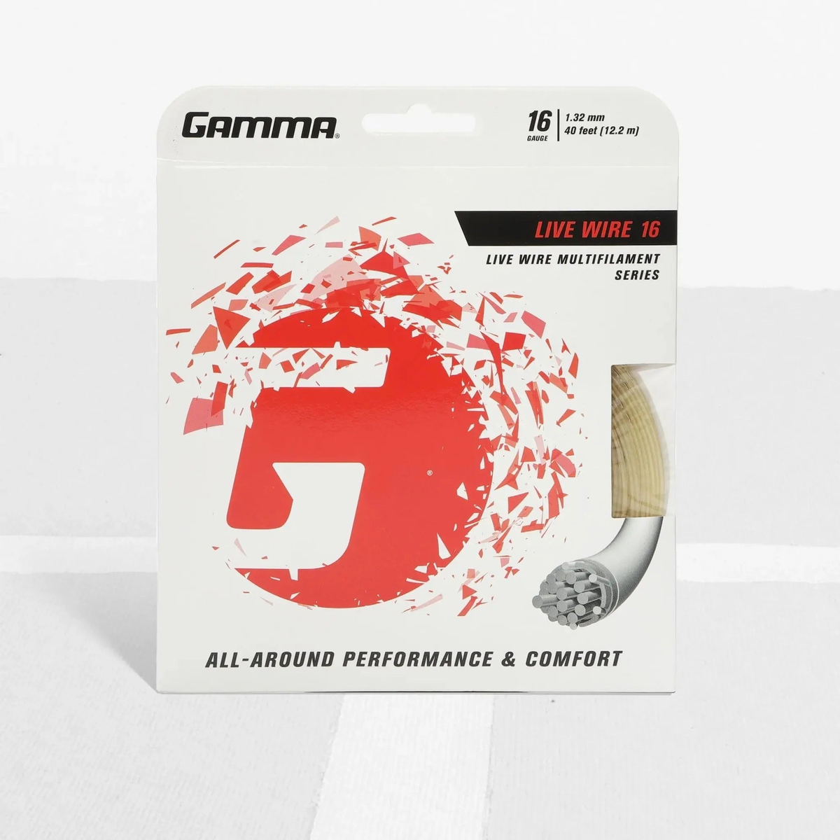 Packaged multifilament tennis string designed for all-around performance and comfort, displayed in retail packaging.