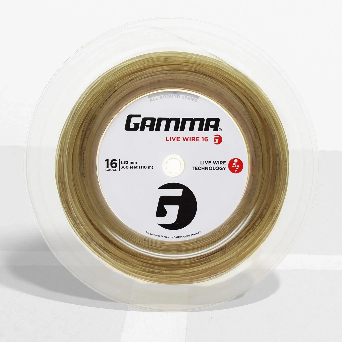 Large reel of multifilament tennis string designed for all-around performance and comfort, housed in a clear spool.