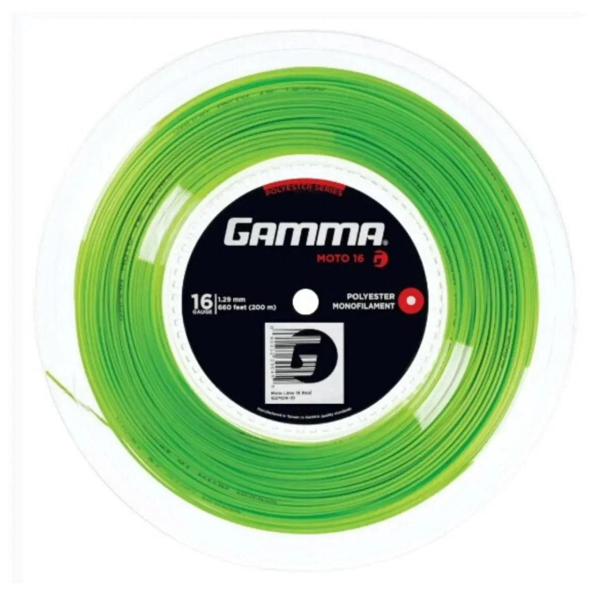 Reel of polyester monofilament tennis string packaged in a circular spool with central label, designed for high spin and durability.
