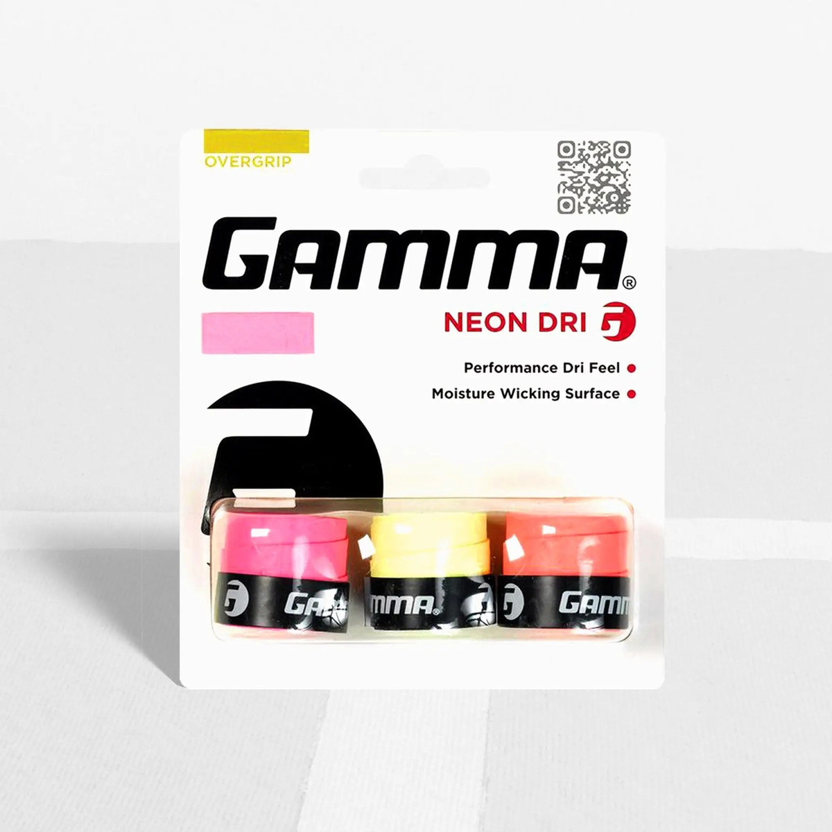 Pack of overgrips in assorted neon styles designed to enhance grip, comfort, and moisture control on racquet handles.