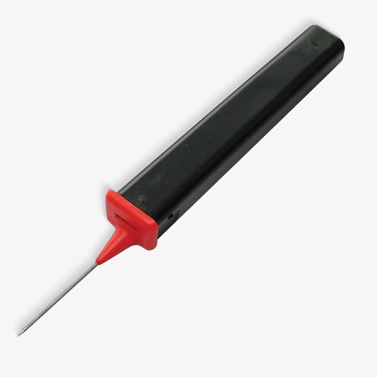 Stringing awl tool with a pointed metal tip and ergonomic handle, designed for guiding and clearing strings through grommets.