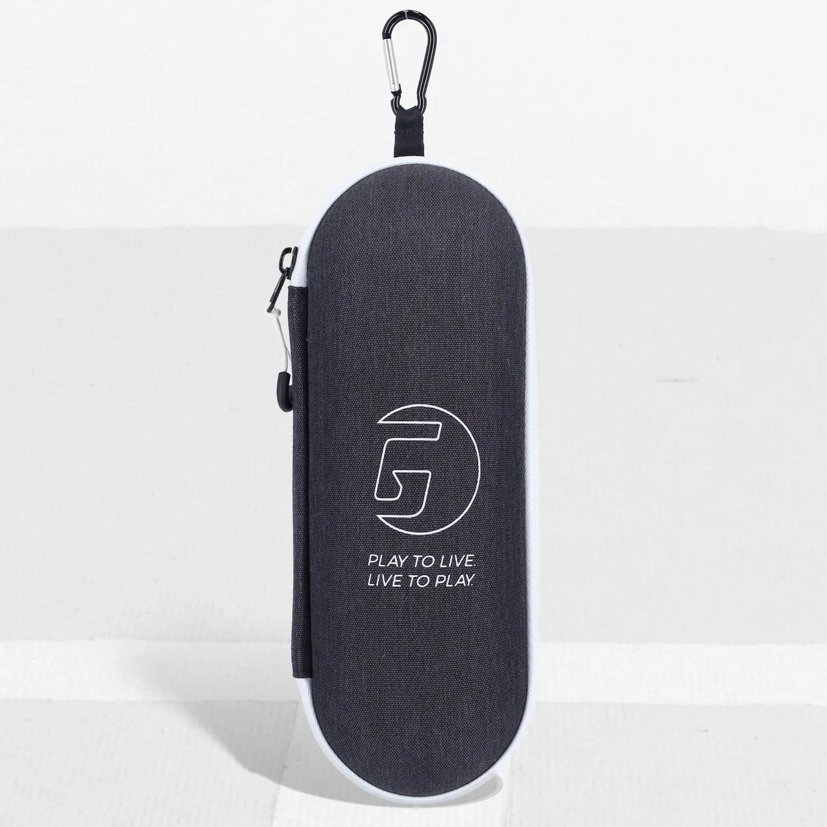 Zippered pickleball ball case with clip attachment, designed for storing and carrying pickleballs.