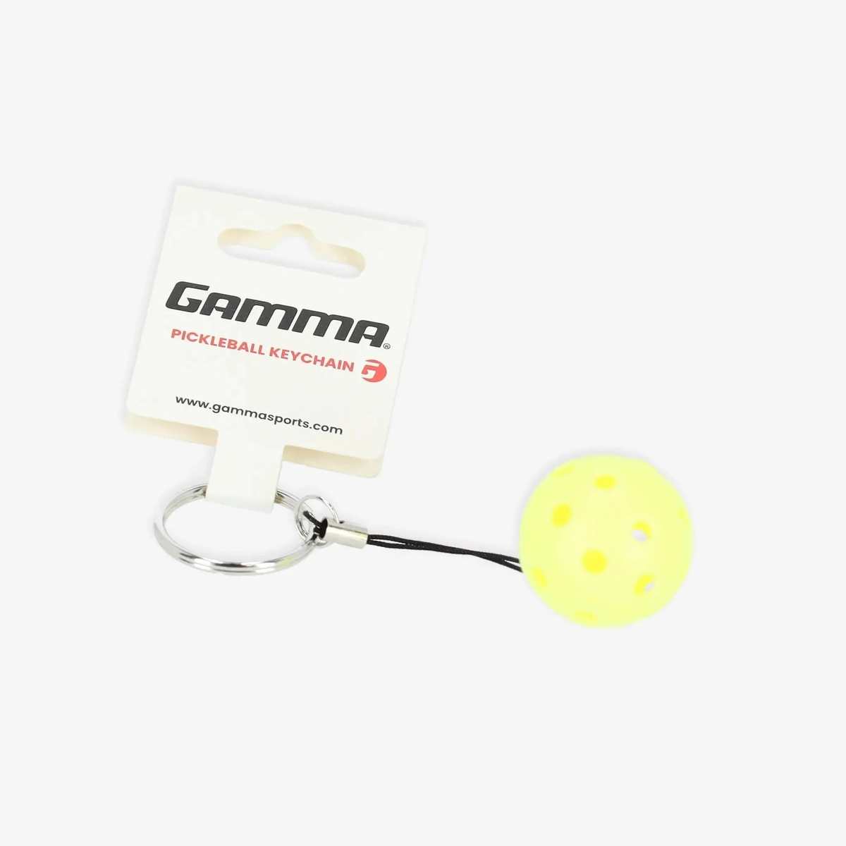 Pickleball keychain featuring a miniature perforated ball attached to a metal key ring and branded tag.