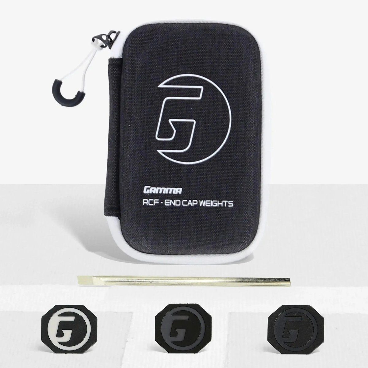 Pickleball paddle end cap weight kit with interchangeable weighted caps, adjustment tool, and storage case.