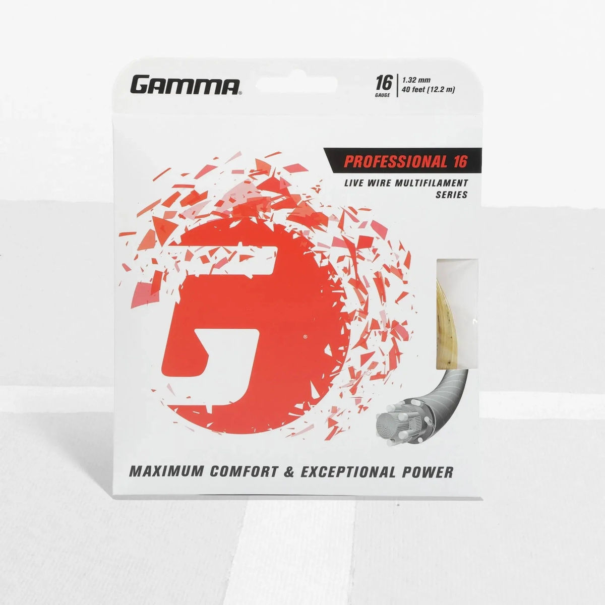 Packaged tennis string set designed for performance, offering comfort, power, and durability for racquet stringing.