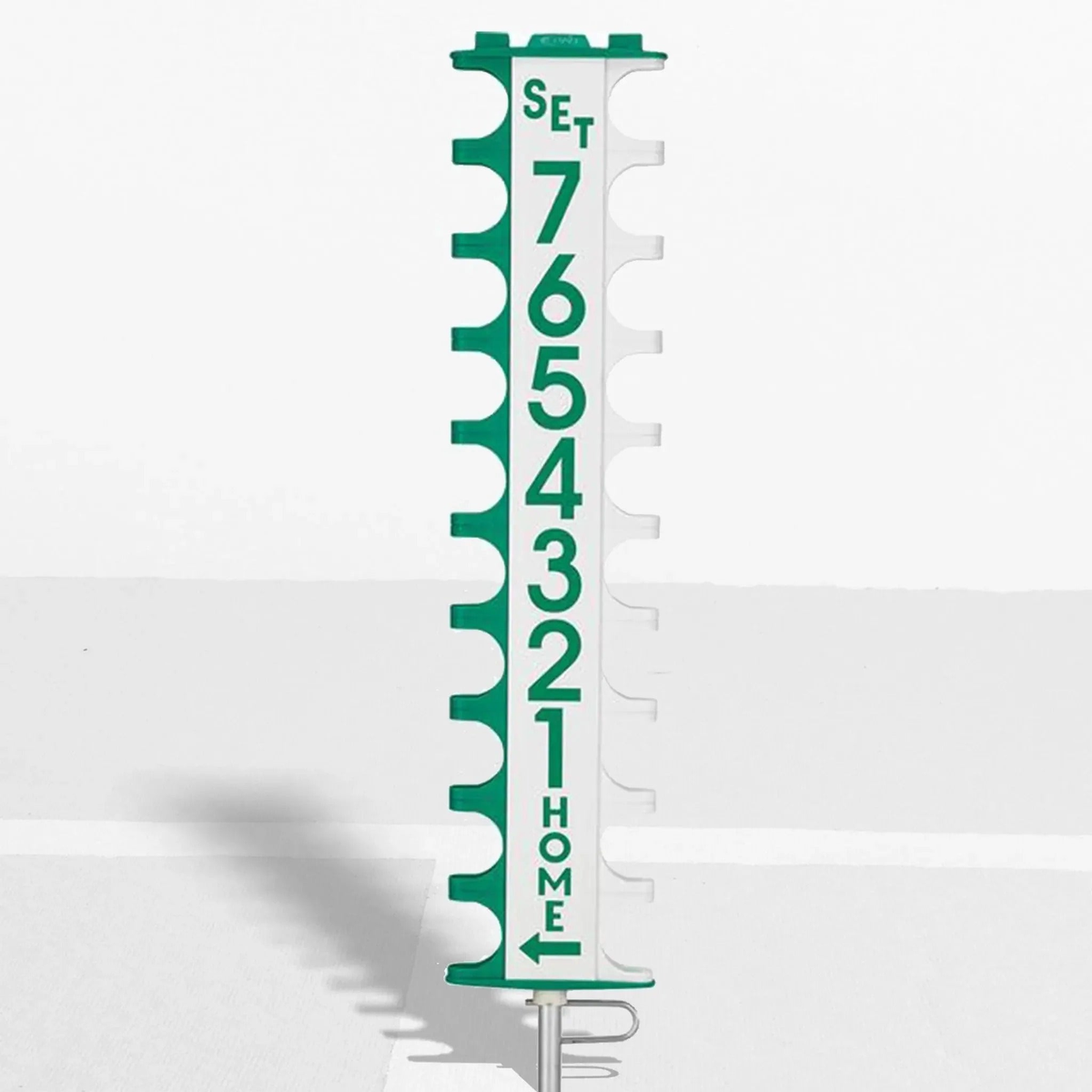 Portable scorekeeping post with rotating number panels and ball holders, designed for tracking game scores on court.
