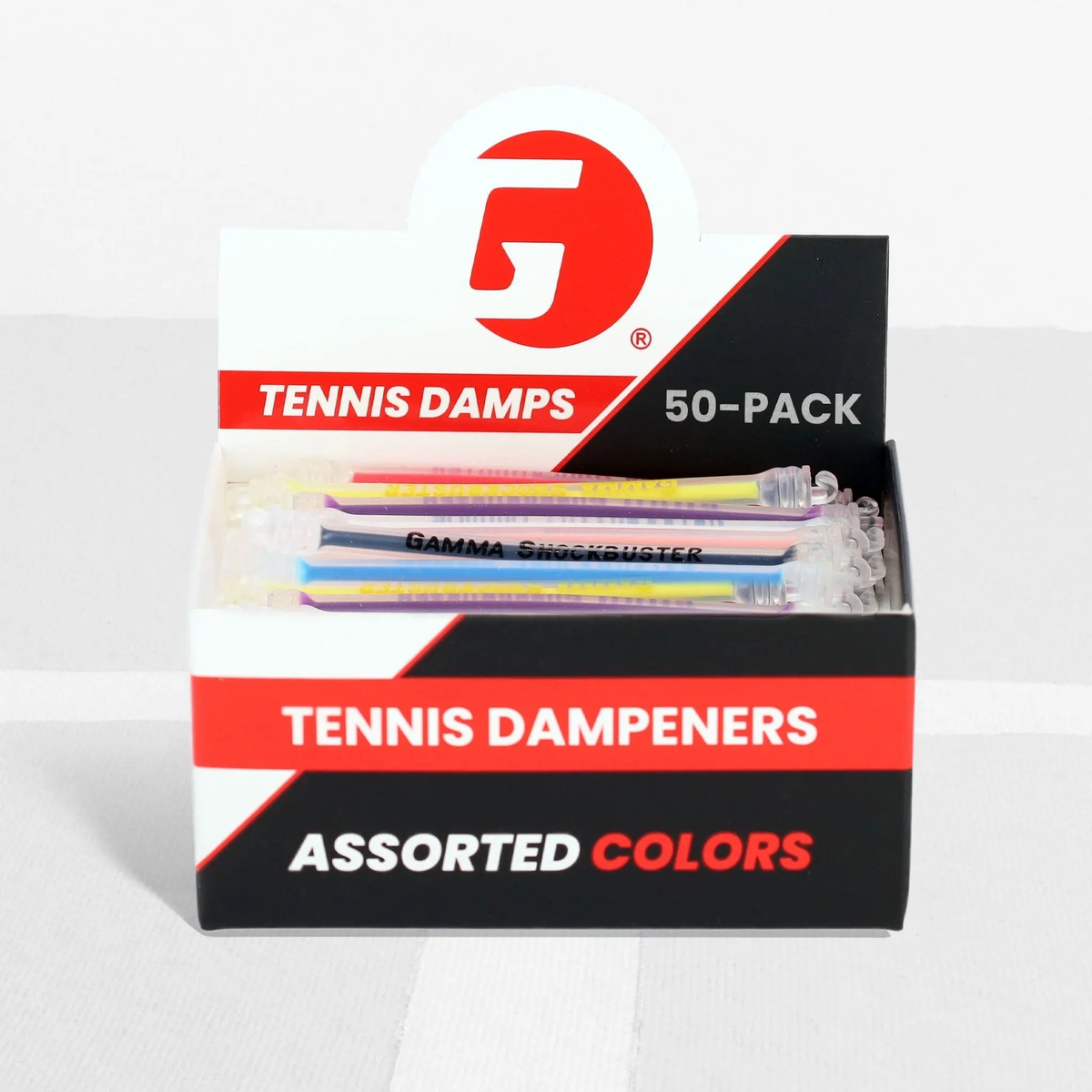 Display box of tennis string dampeners designed to reduce vibration and improve comfort, shown in a multi-pack assortment.