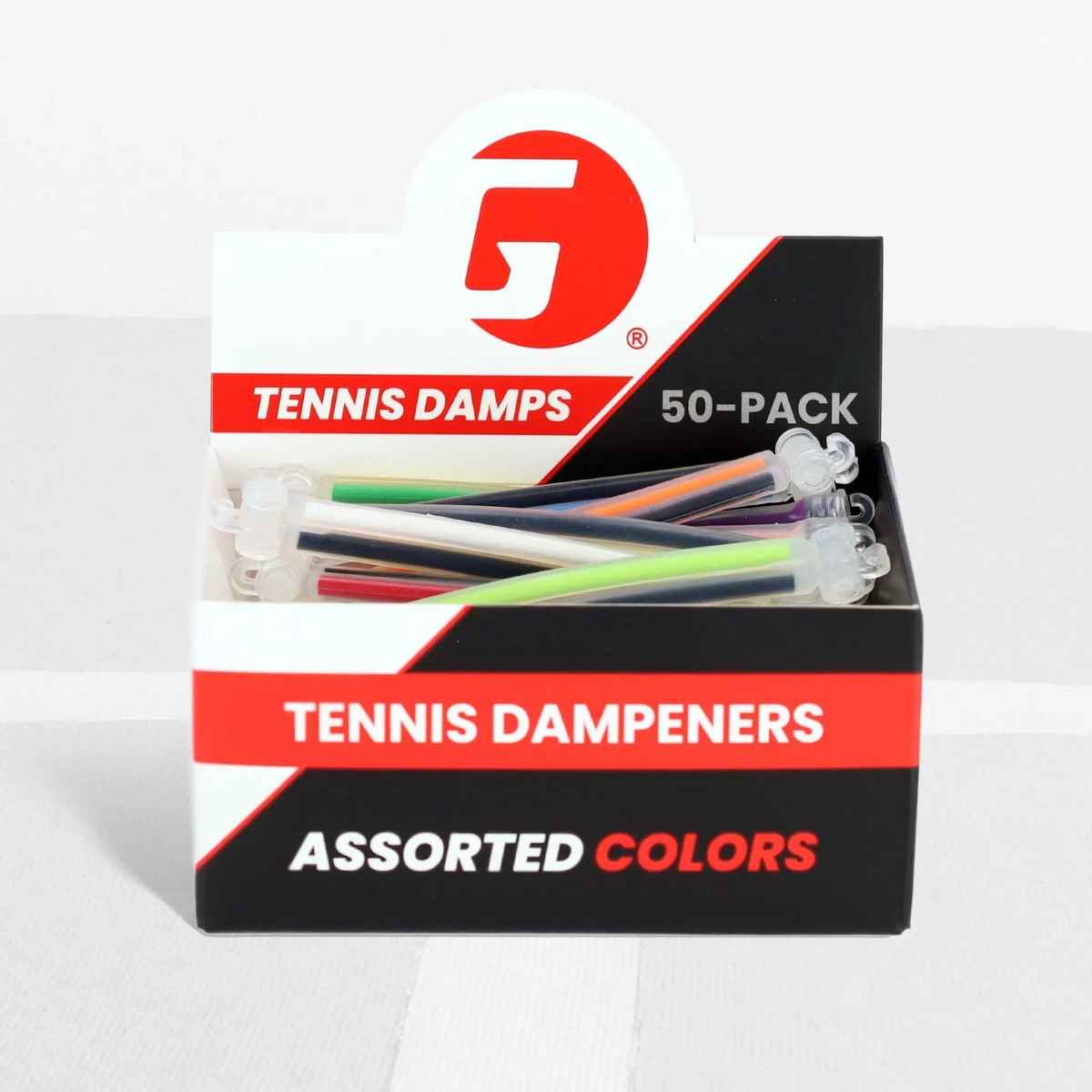 Display box of tennis string dampeners designed to reduce vibration and minimize shock, shown in a bulk assortment.