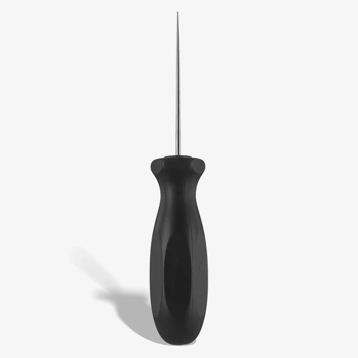 Tennis stringing straight awl tool with a pointed metal tip and ergonomic handle designed for guiding and clearing string holes.