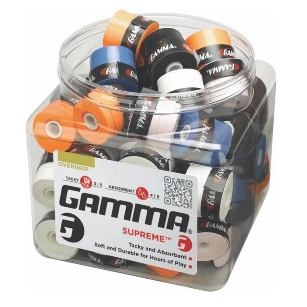 Tennis racket overgrip jar containing multiple grip wraps, designed for comfort, tackiness, and moisture absorption during play.